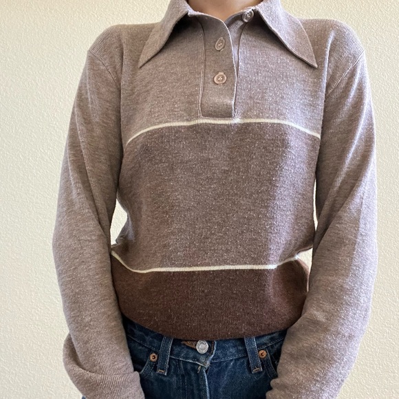 Vintage Sweaters - True vtg 1970s long collar quarter button up Brown monochrome striped sweater